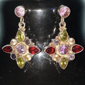 ✨ Gorgeous Vintage Multi-Gemstone Dangle Earrings – 925 Sterling Silver ✨